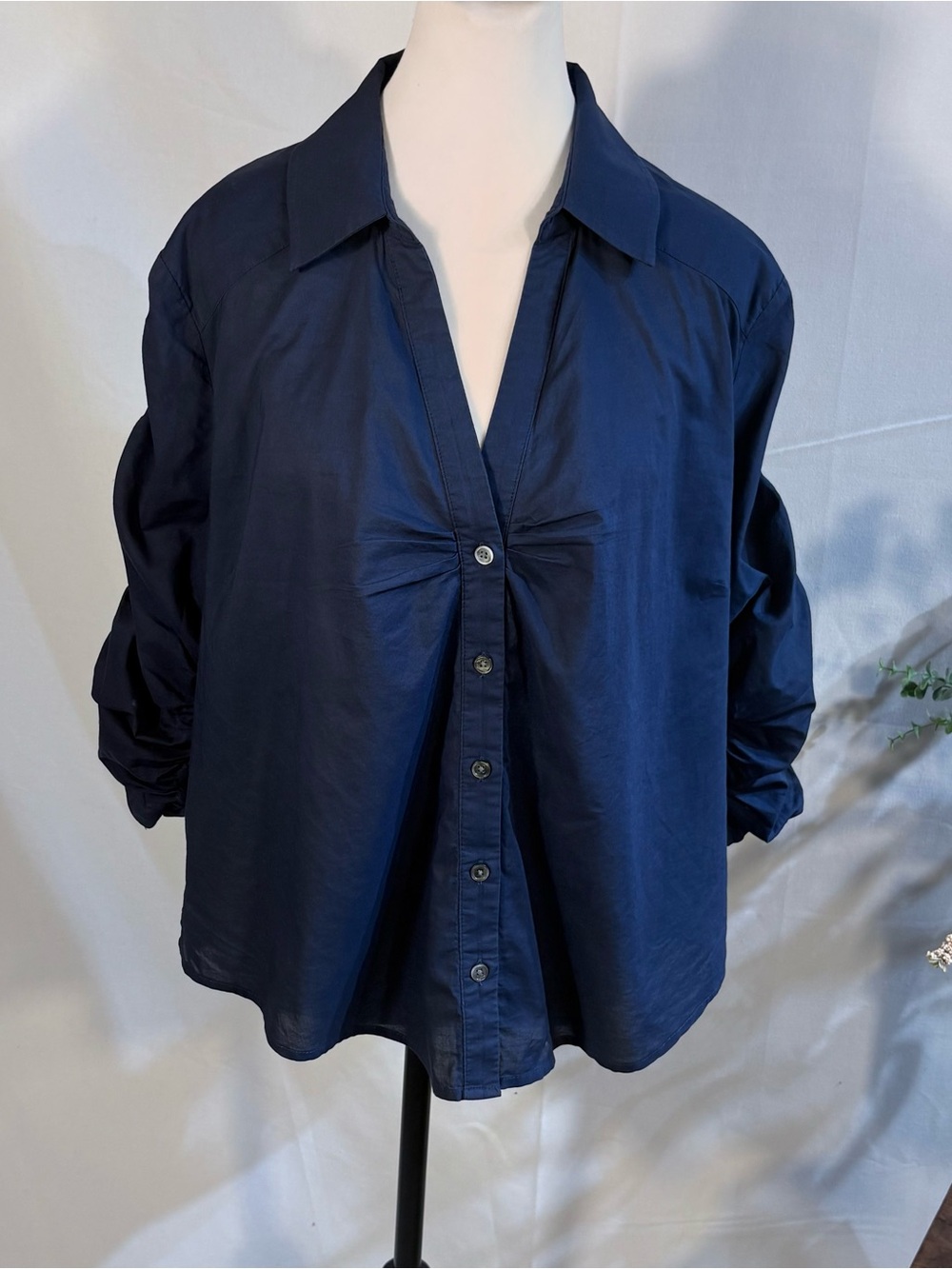 💥Veronica Beard Porta Cotton Shirred Button Down Shirt Navy Blue Sz XL🧡